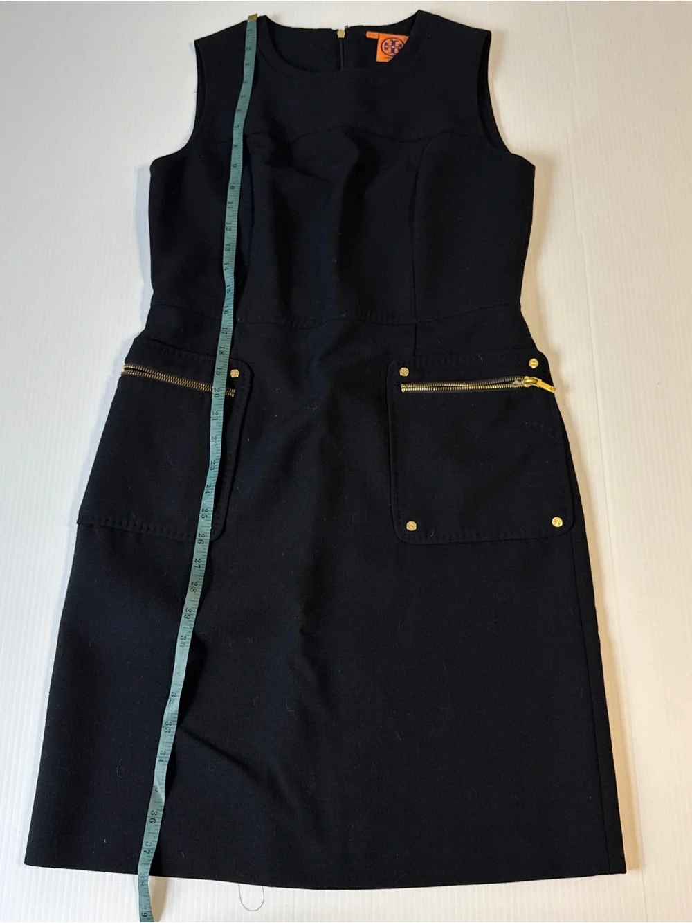 Tory Burch Black Wool Blend Utility Shift Dress Gold Zip Pockets Quiet Luxury 8